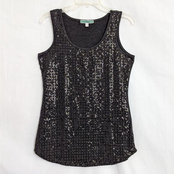 Pleione Front Sequin Dark Gray Sleeveless Top Size M Stretch Glam Classic - Picture 3 of 12